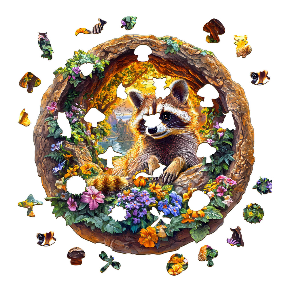 3D Raccoon on Vacation Wooden Jigsaw Puzzle - Woodbests