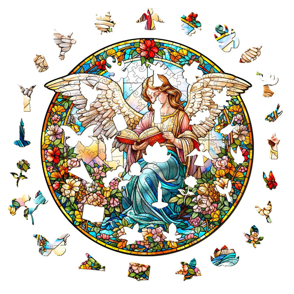 Angelic Garden wooden jigsaw puzzle featuring a beautiful angel and colorful floral designs, perfect for mind games.