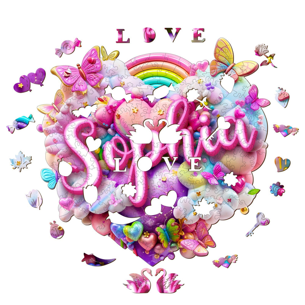 Rainbow Cloud Custom Name Wooden Jigsaw Puzzle featuring vibrant colors, butterflies, and personalized name 'Sophii'.