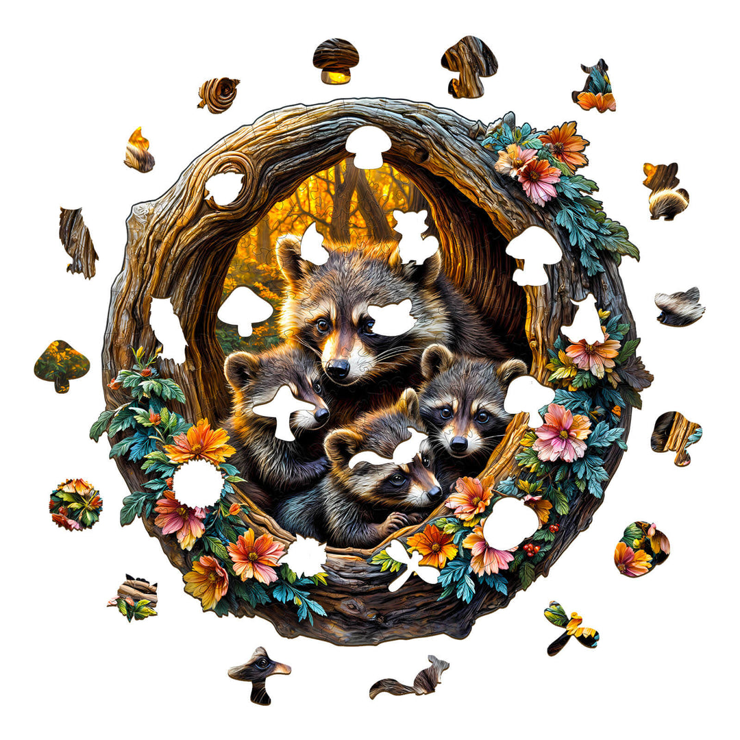 Waschbären-Familie Holzpuzzle