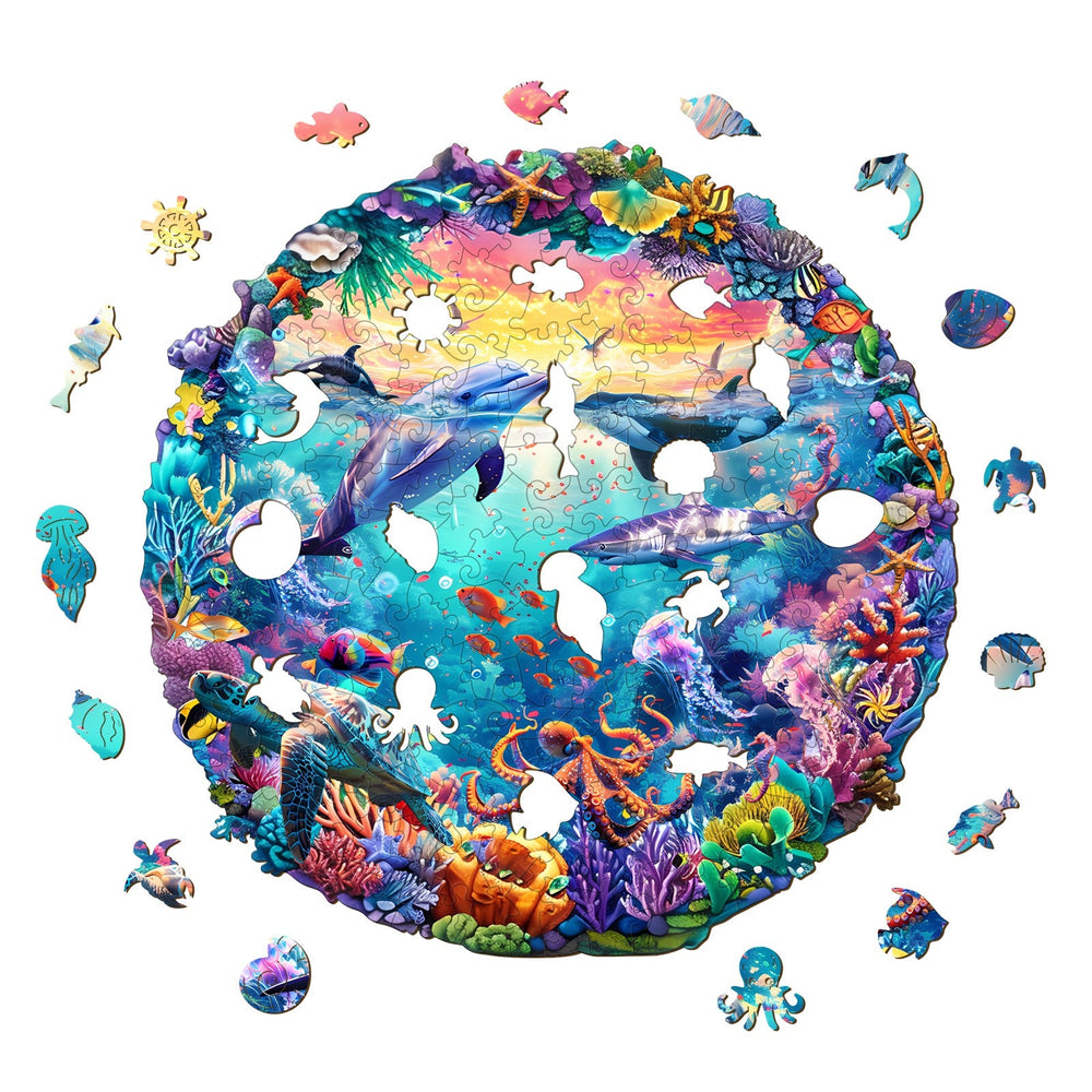 Colorful Sea World wooden jigsaw puzzle featuring dolphins, coral, and various marine life pieces.