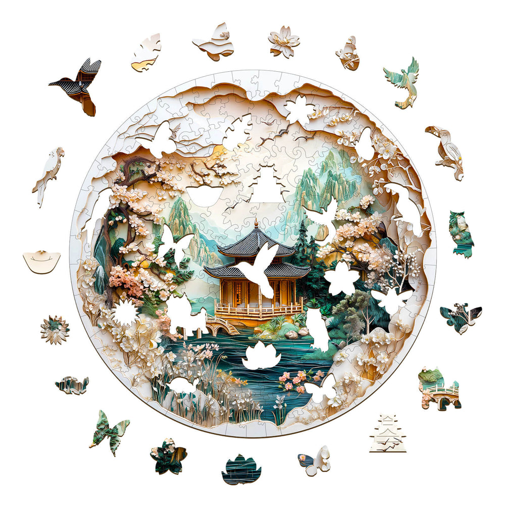 3D Chinese landscape painting jigsaw puzzle with intricate floral and bird designs, focusing on mindfulness and creativity.
