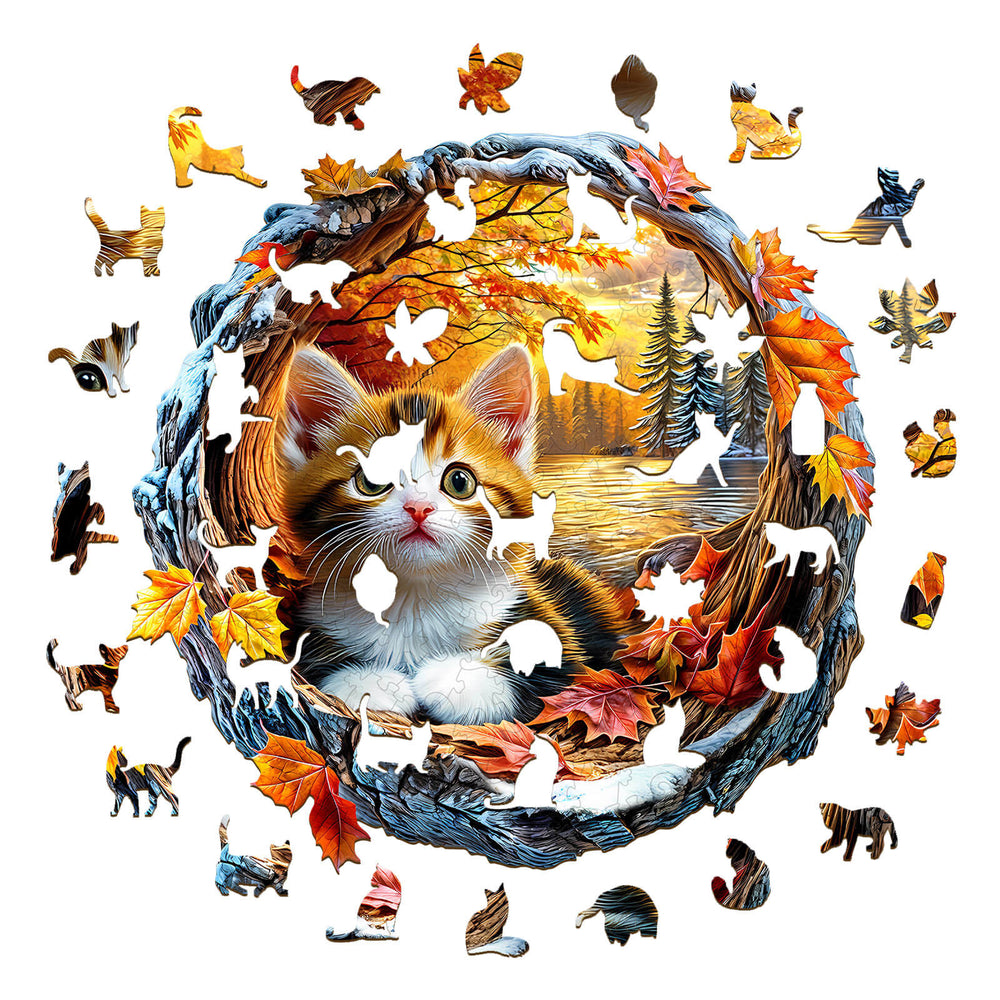3D Kitten in Autumn wooden jigsaw puzzle featuring a kitten surrounded by colorful leaves and playful silhouettes.