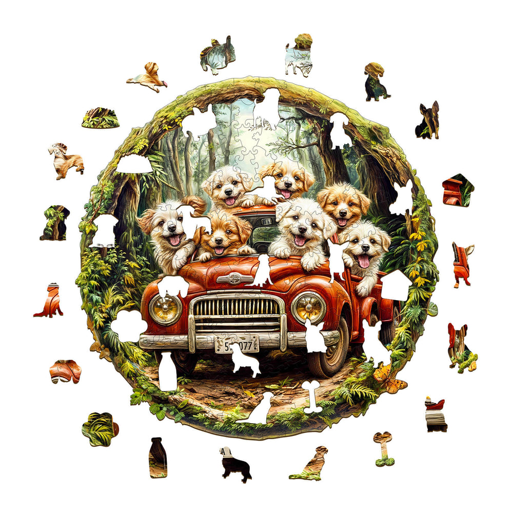 Colorful jigsaw puzzle featuring playful puppies in a vintage truck surrounded by a forest setting.