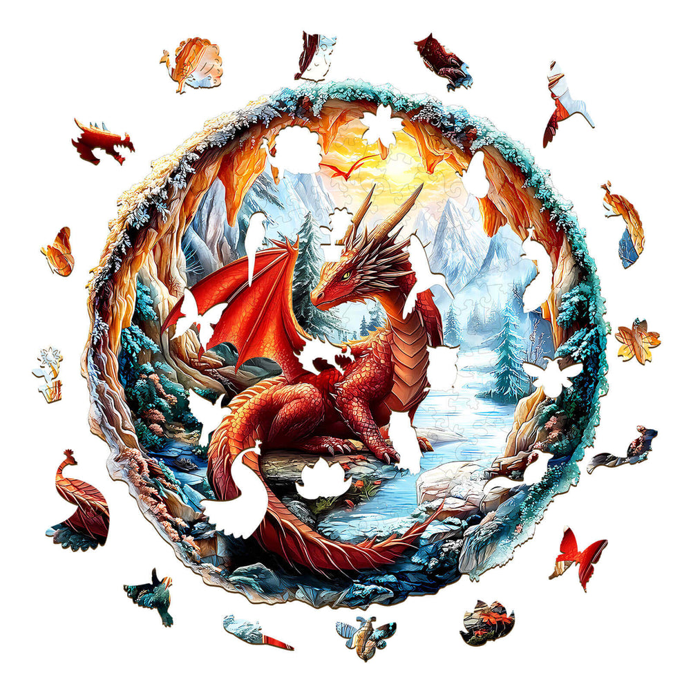 3D crimson dragon jigsaw puzzle featuring a red dragon in an icy cave with vibrant details and missing puzzle pieces.