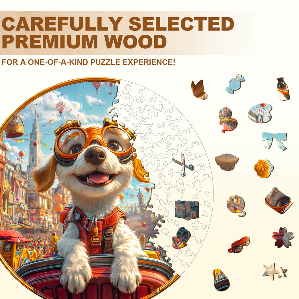 Parade Navigator wooden jigsaw puzzle featuring a playful dog and unique puzzle pieces for a premium experience.