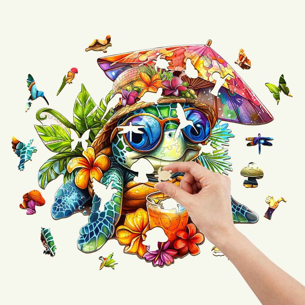 Colorful Beach Turtle wooden jigsaw puzzle being assembled, promoting focus and brain engagement through play.