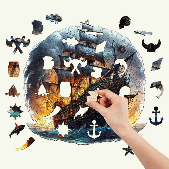 Person assembling a vibrant wooden jigsaw puzzle of a sailing ship with unique shapes and intricate details.
