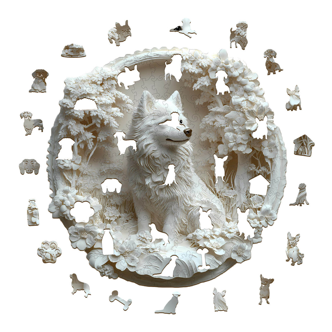 3D Paper Samoyed wooden jigsaw puzzle showcasing intricate pieces and a charming dog design, ideal for mind games.