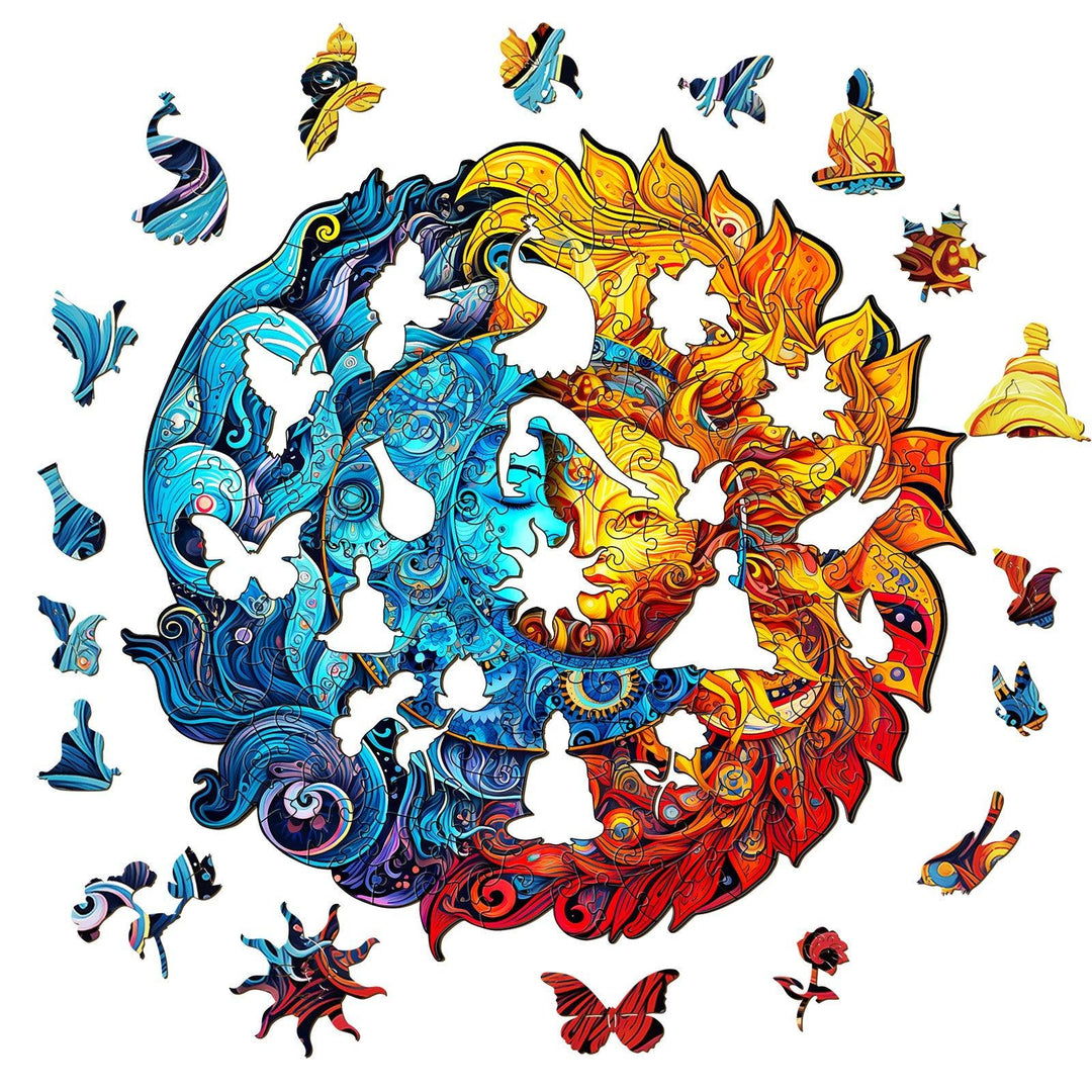 Vibrant Sun and Moon wooden jigsaw puzzle pieces, featuring intricate designs in blue and orange hues.