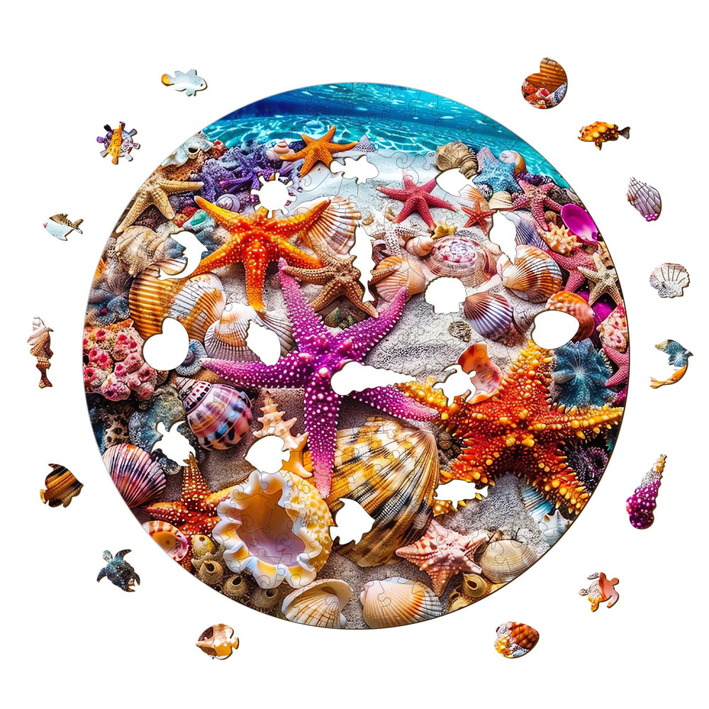 Colorful starfish and seashells in a jigsaw puzzle design, emphasizing focus and cognitive skills in puzzle solving.