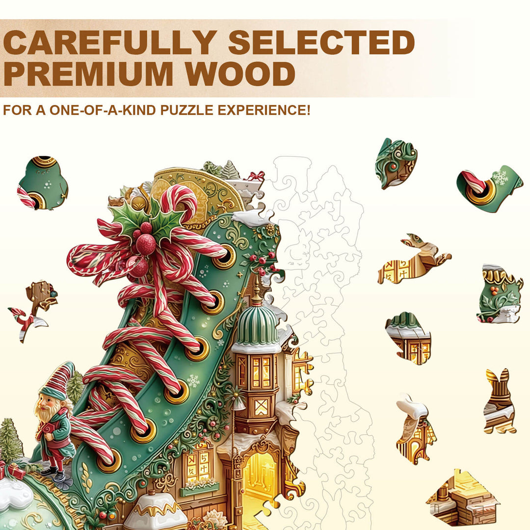 Weihnachts-Schneestiefelhütte Holzpuzzle
