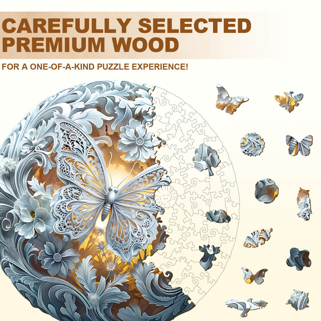 Celestial Wings Wooden Jigsaw Puzzle featuring intricate butterfly design and premium wood pieces for mindful gameplay.