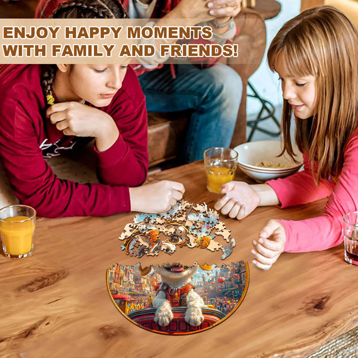 Two children enjoying family time while solving the Parade Navigator wooden jigsaw puzzle at a table.