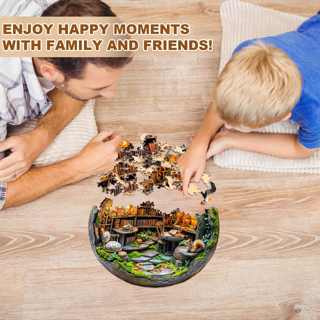 Moosbewachsene Bibliothek 3D-Holzpuzzle