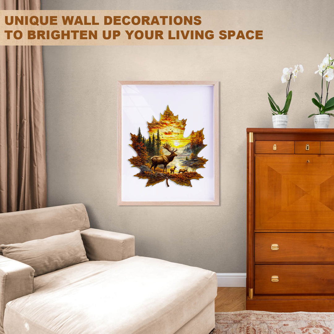 Elk and maple leaves Wooden Jigsaw Puzzle