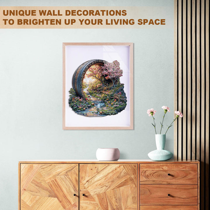 Framed Barrel of Spring wooden jigsaw puzzle artwork on wall, perfect for unique wall decorations to enhance living space.
