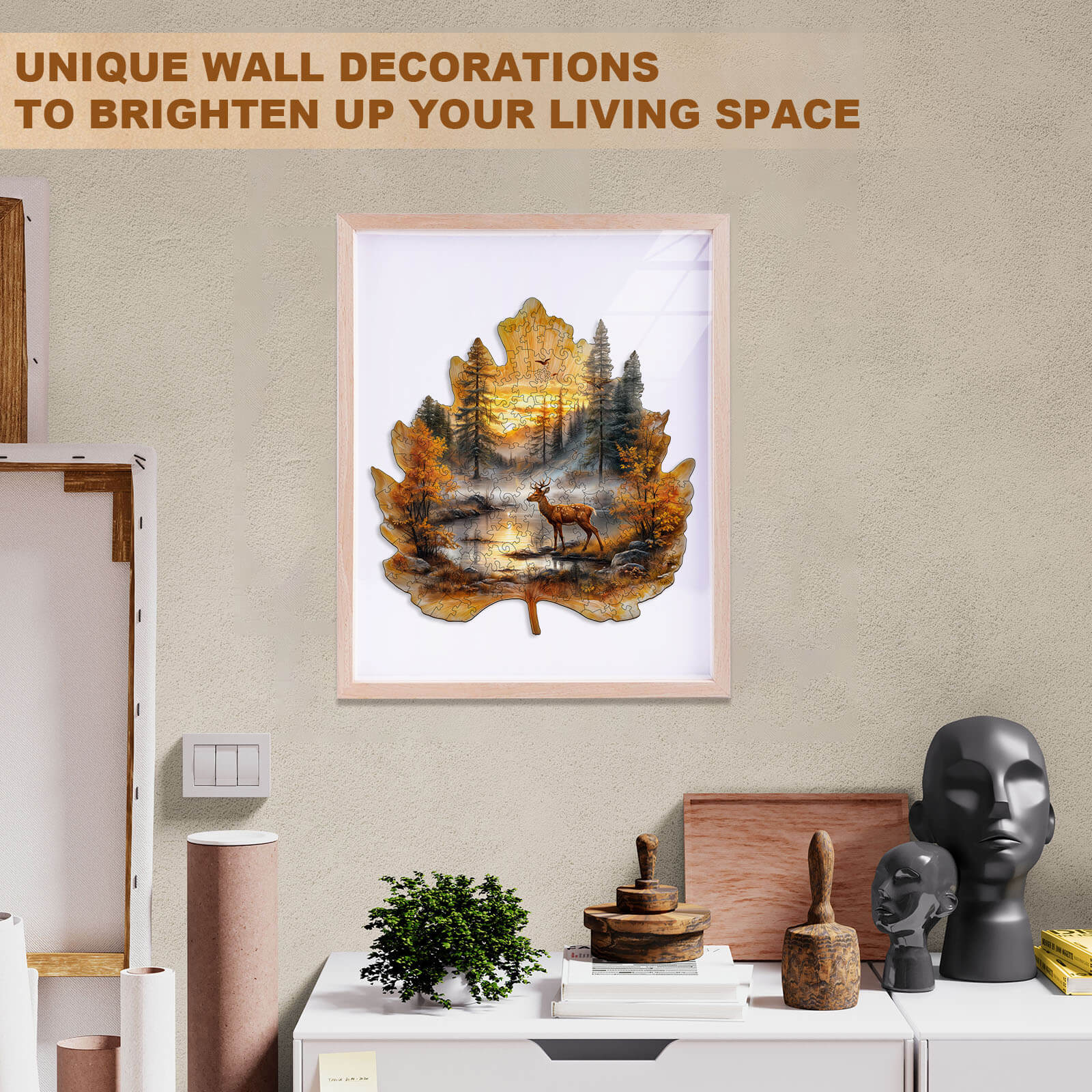 Unique wall decoration featuring a golden leaf artwork with a deer in a forest setting to enhance living space.