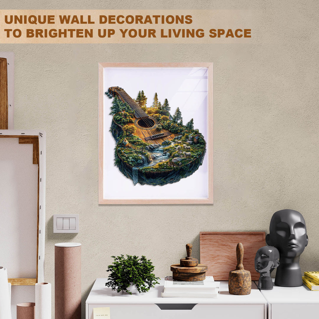 Forest-themed guitar wall art print, perfect for unique living room decorations and enhancing your space.