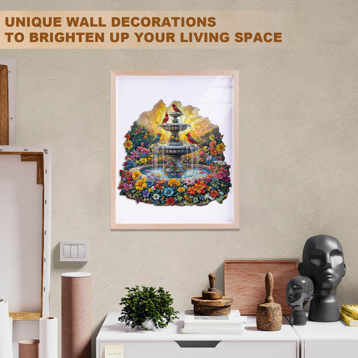 Colorful wall art featuring a fountain surrounded by flowers, perfect for brightening living spaces.
