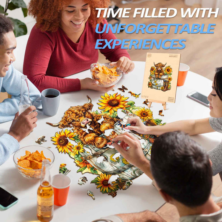 Group of friends enjoying the Sunflower Pasture-2 wooden jigsaw puzzle together, fostering connection and fun.