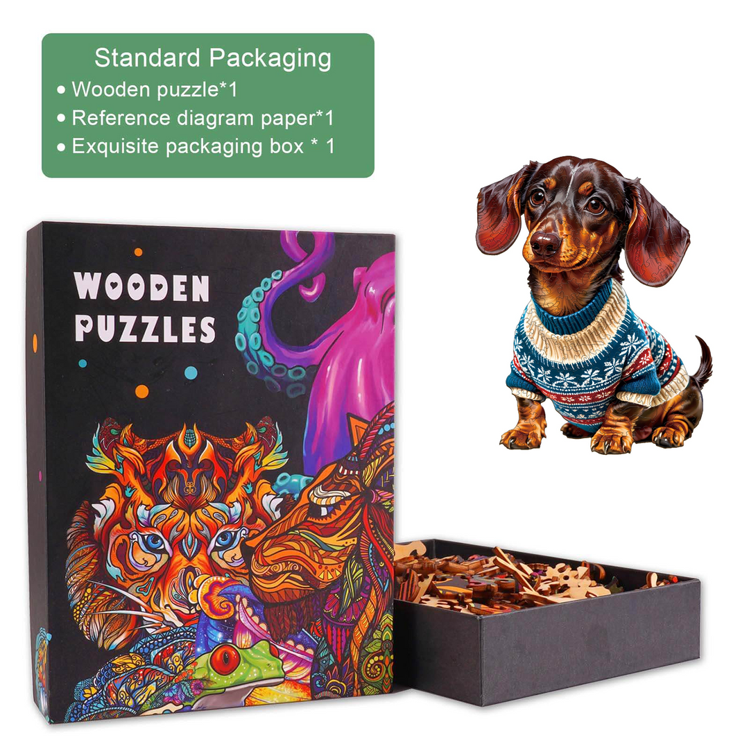 Trendy Dachshund wooden jigsaw puzzle in stylish packaging with colorful artwork and wooden pieces.