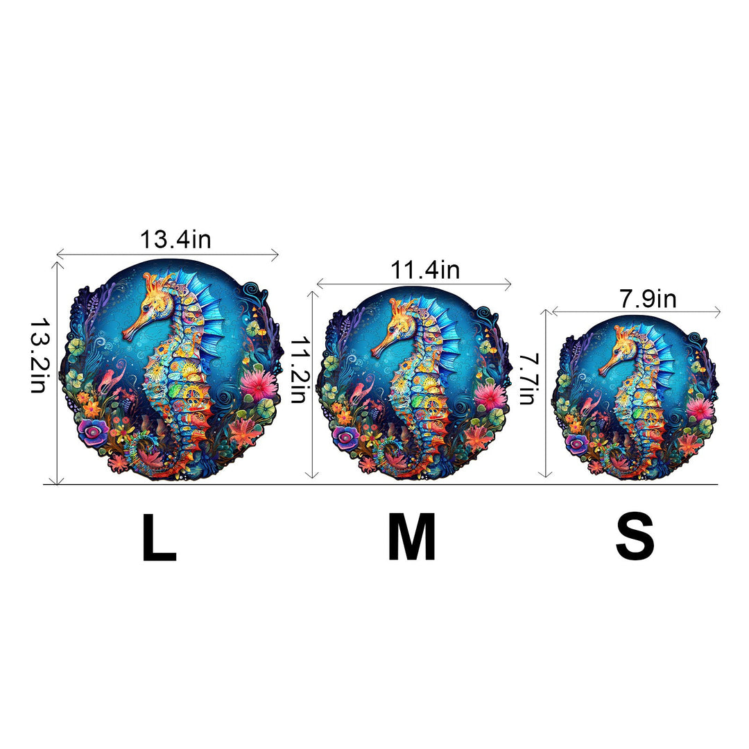 Vibrant Seahorse-2 wooden jigsaw puzzle in three sizes, showcasing the beauty of marine life for kids ages 8 and up.