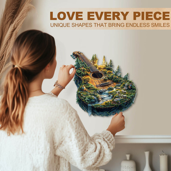 Person admiring a unique Forest guitar wooden jigsaw puzzle, showcasing intricate designs and nature themes.