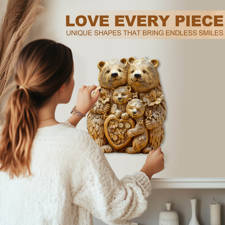Woodcarve bear family wooden jigsaw puzzle showcasing unique designs that enhance focus and create smiles.