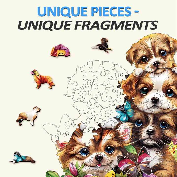 Colorful dog wooden jigsaw puzzle pieces with adorable puppies and butterflies, perfect for enhancing focus and problem-solving skills.