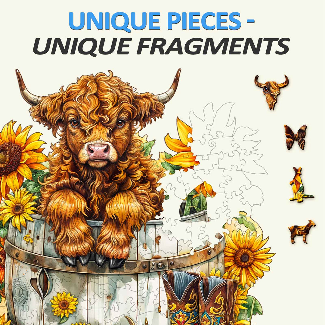Cute Highland calf surrounded by sunflowers, showcasing unique pieces of a jigsaw puzzle for focused and fun completion.